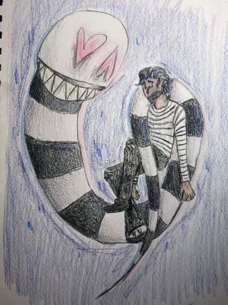 “Joey and the worm”; colored pencil on paper